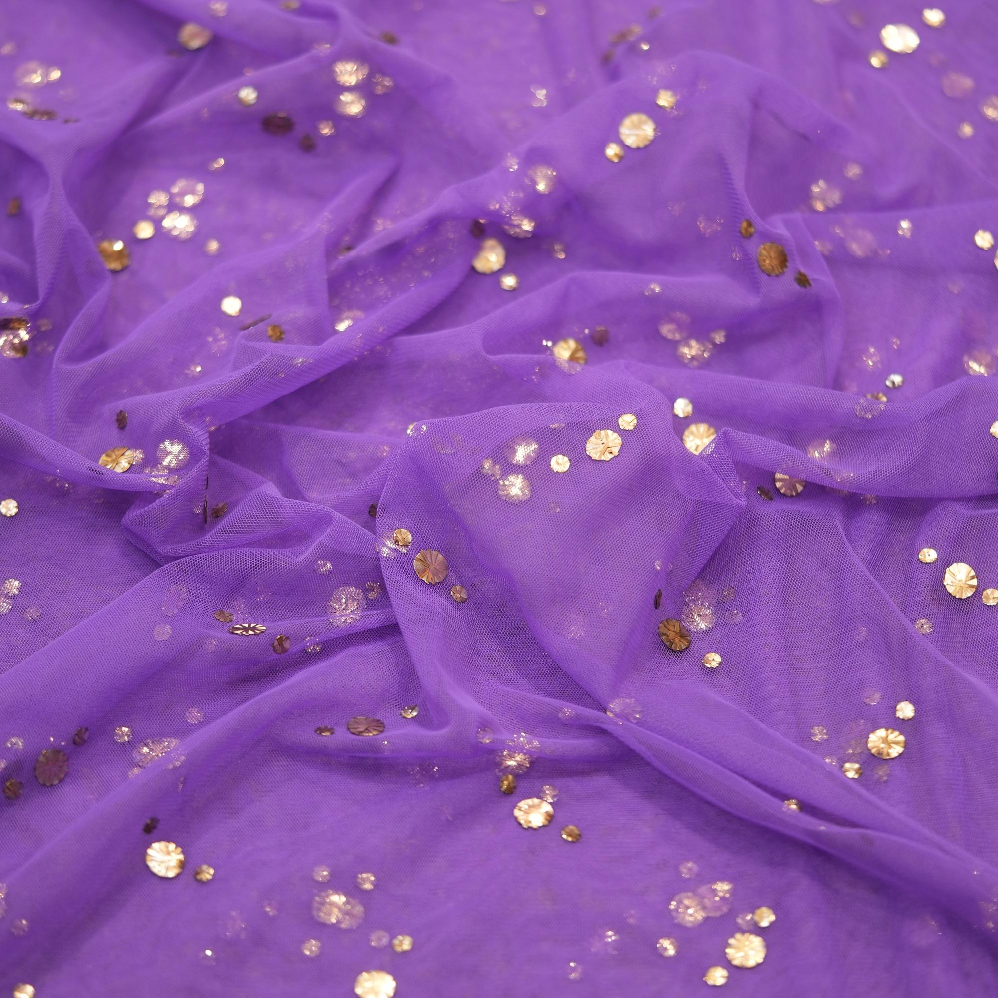 Purple net fabric with gold and silver Mukaish work in swirl dot pattern