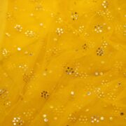 Yellow net fabric with gold mukaish floral clusters
