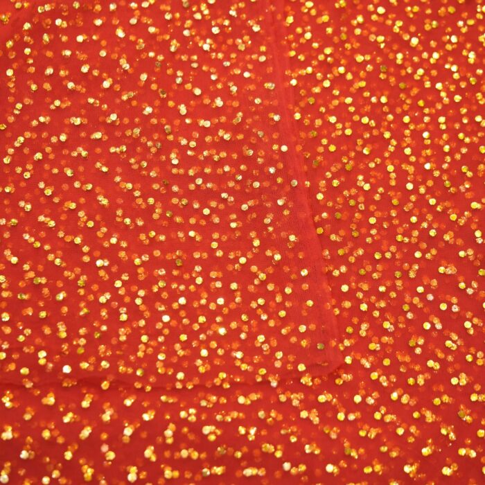 Pure net fabric in a striking red shade adorned with heavy gold mukaish work—perfect for layering over garments, thobes, scarves, and couture creations.