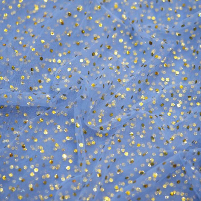 Blue net fabric with dense gold mukaish embroidery