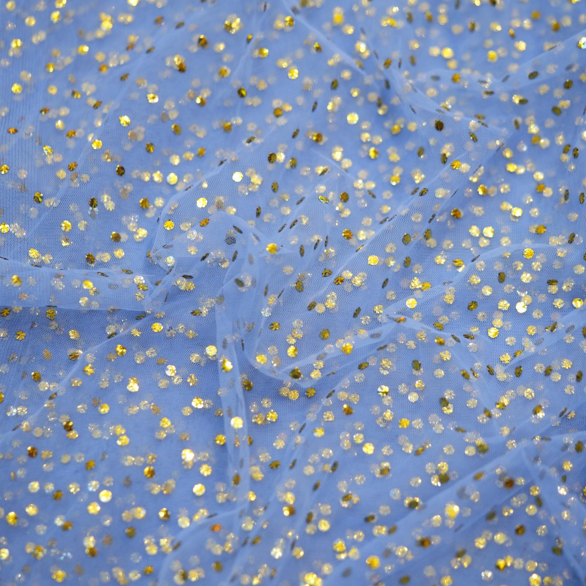 Blue net fabric with dense gold mukaish embroidery