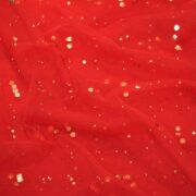 Red net fabric with scattered raindrop-style mukaish embroidery