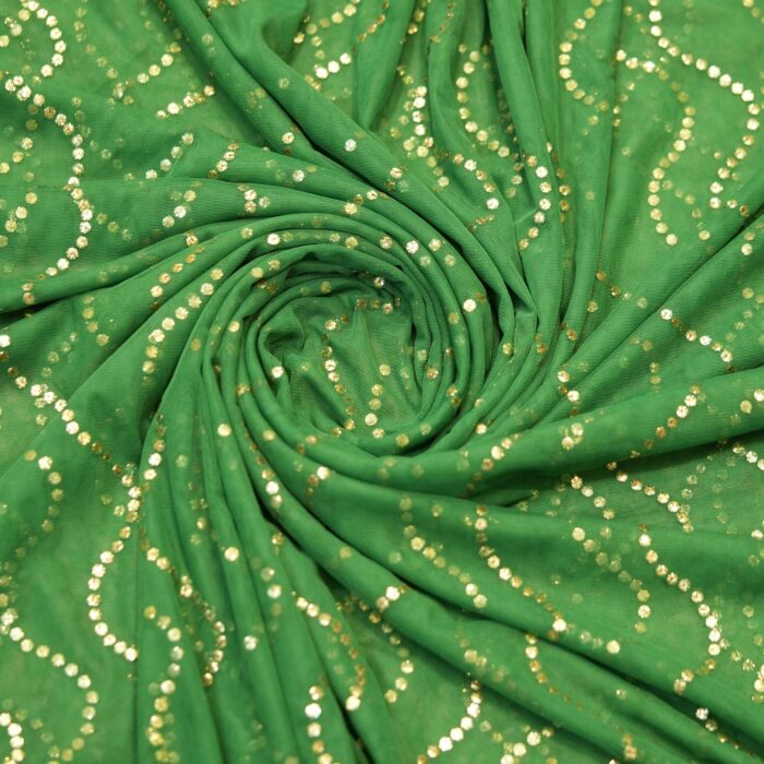 Green net fabric with zigzag mukaish embroidery pattern