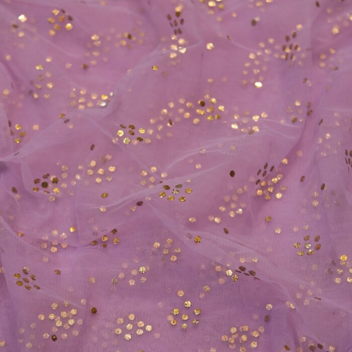 Lavender net fabric with scattered gold Mukaish floral clusters