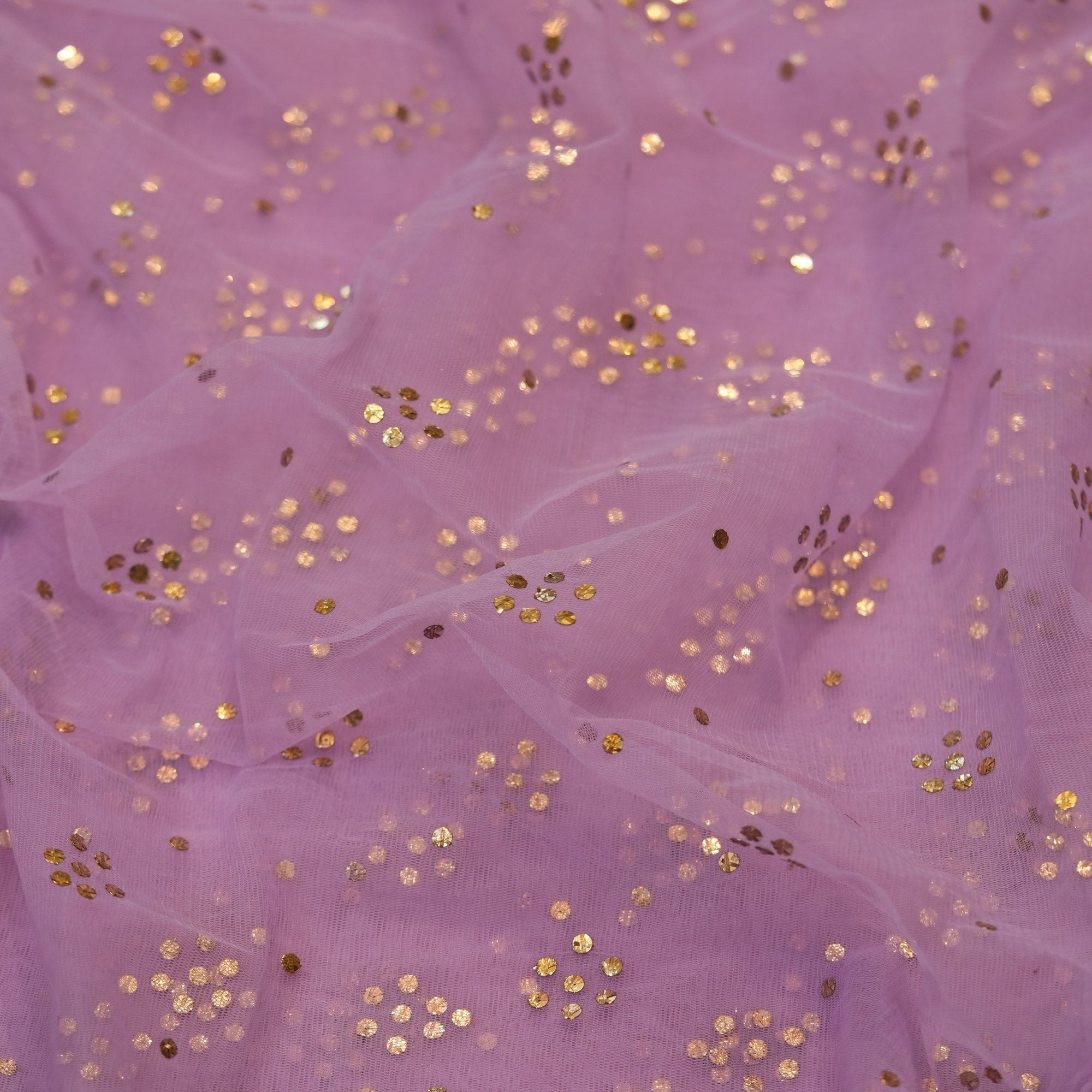 Lavender net fabric with scattered gold Mukaish floral clusters