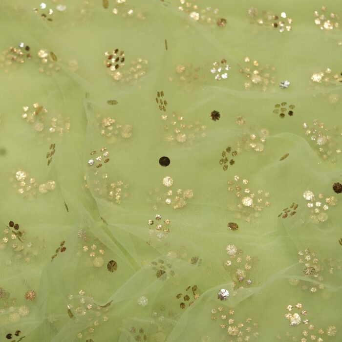 Mint green net fabric with floral Mukaish work in gold and silver foil dots