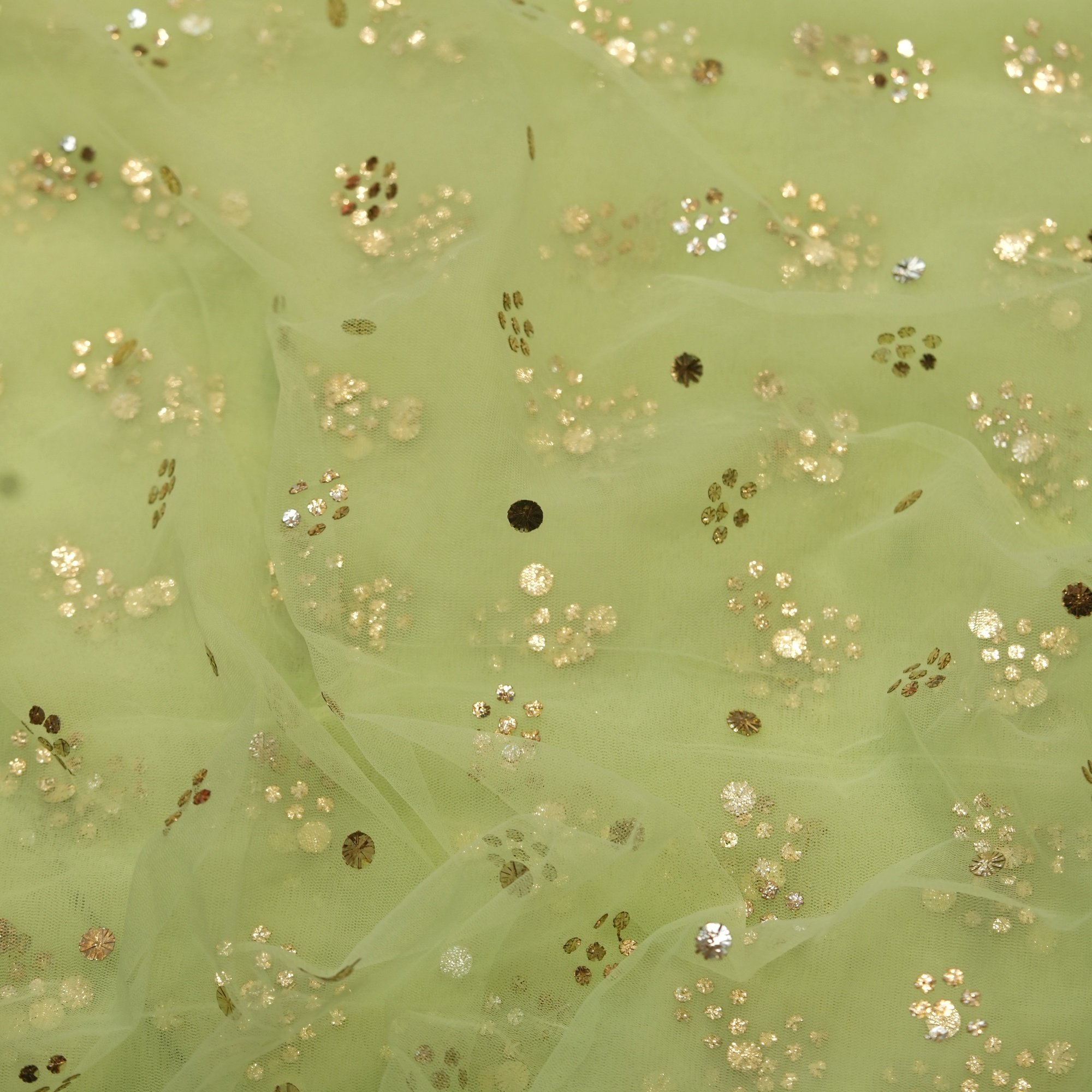 Mint green net fabric with floral Mukaish work in gold and silver foil dots