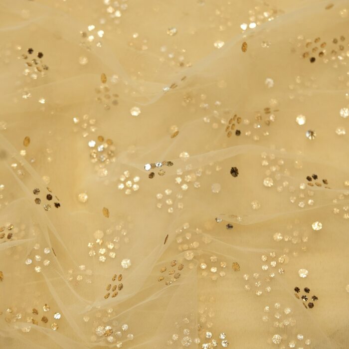 Ivory beige net fabric with floral Mukaish dot clusters in gold and silver