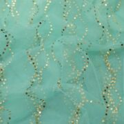 Aqua blue net fabric with Mukaish wave-line pattern in gold and silver dots