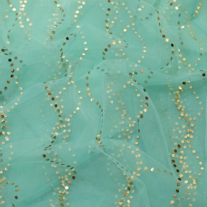 Aqua blue net fabric with Mukaish wave-line pattern in gold and silver dots