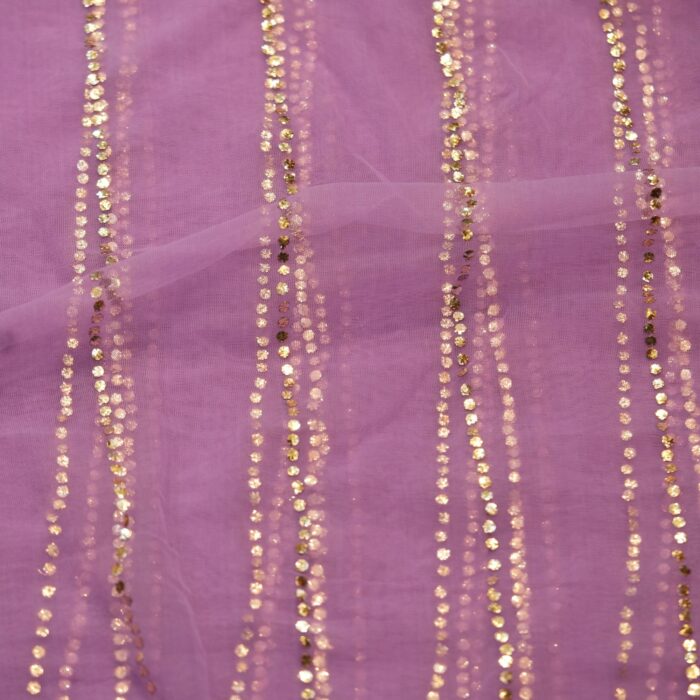 Violet net fabric featuring vertical silver Mukaish lines