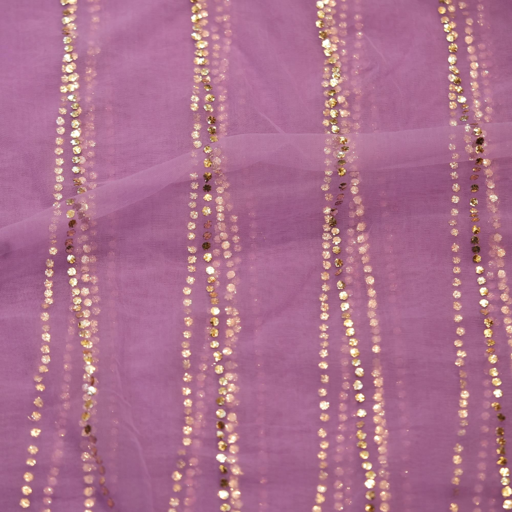Violet net fabric featuring vertical silver Mukaish lines