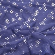 Navy blue net fabric with hand Mukaish foil work in diagonal clustered pattern