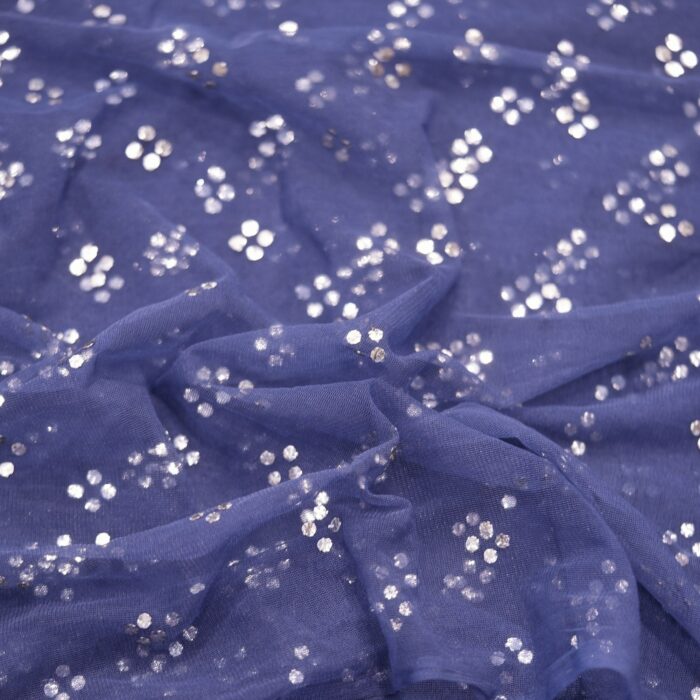 Navy blue net fabric with hand Mukaish foil work in diagonal clustered pattern
