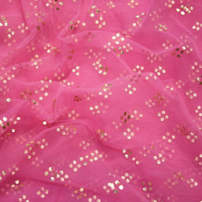 Pink net fabric with shimmering cascading Mukaish floral dots