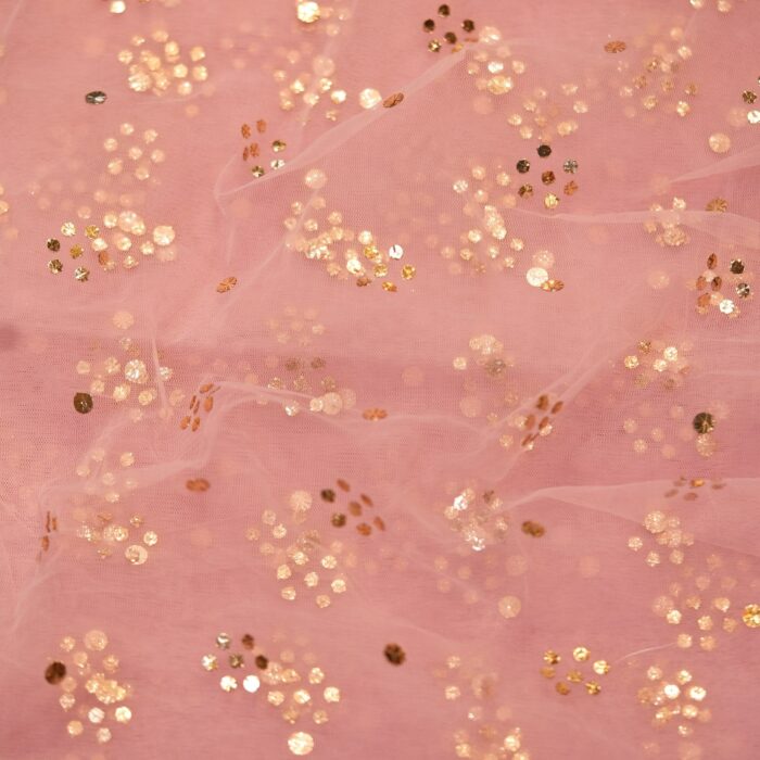 Blush pink net fabric with golden and silver Mukaish floral foil pattern
