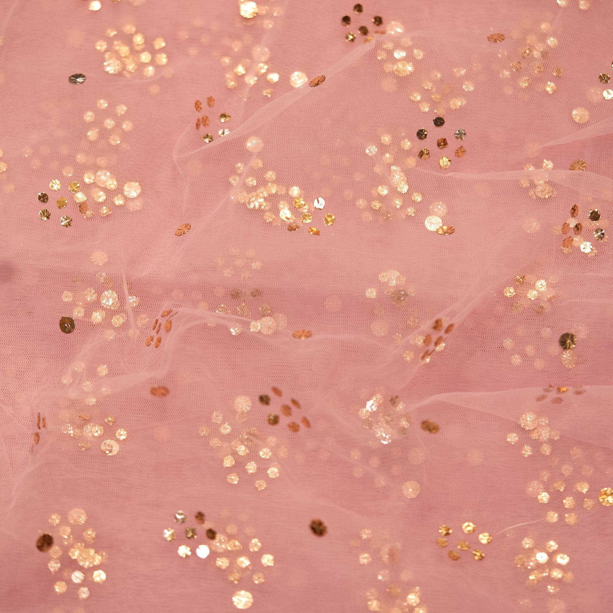 Blush pink net fabric with golden and silver Mukaish floral foil pattern