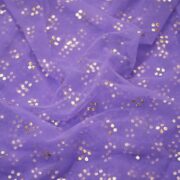 Violet net fabric with cascading gold Mukaish work in vertical dot clusters