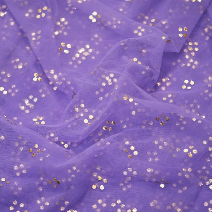 Violet net fabric with cascading gold Mukaish work in vertical dot clusters