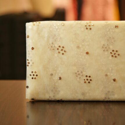 Ivory beige net fabric with floral Mukaish dot clusters in gold and silver