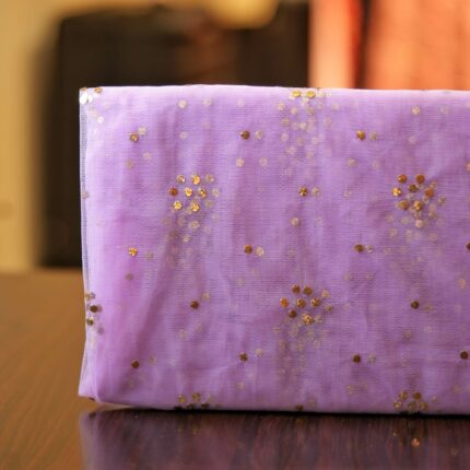 Lavender net fabric with scattered gold Mukaish floral clusters