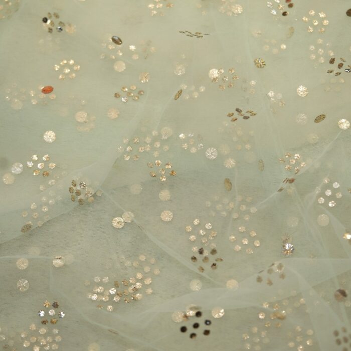 Mint green net fabric with all-over floral Mukaish foil work