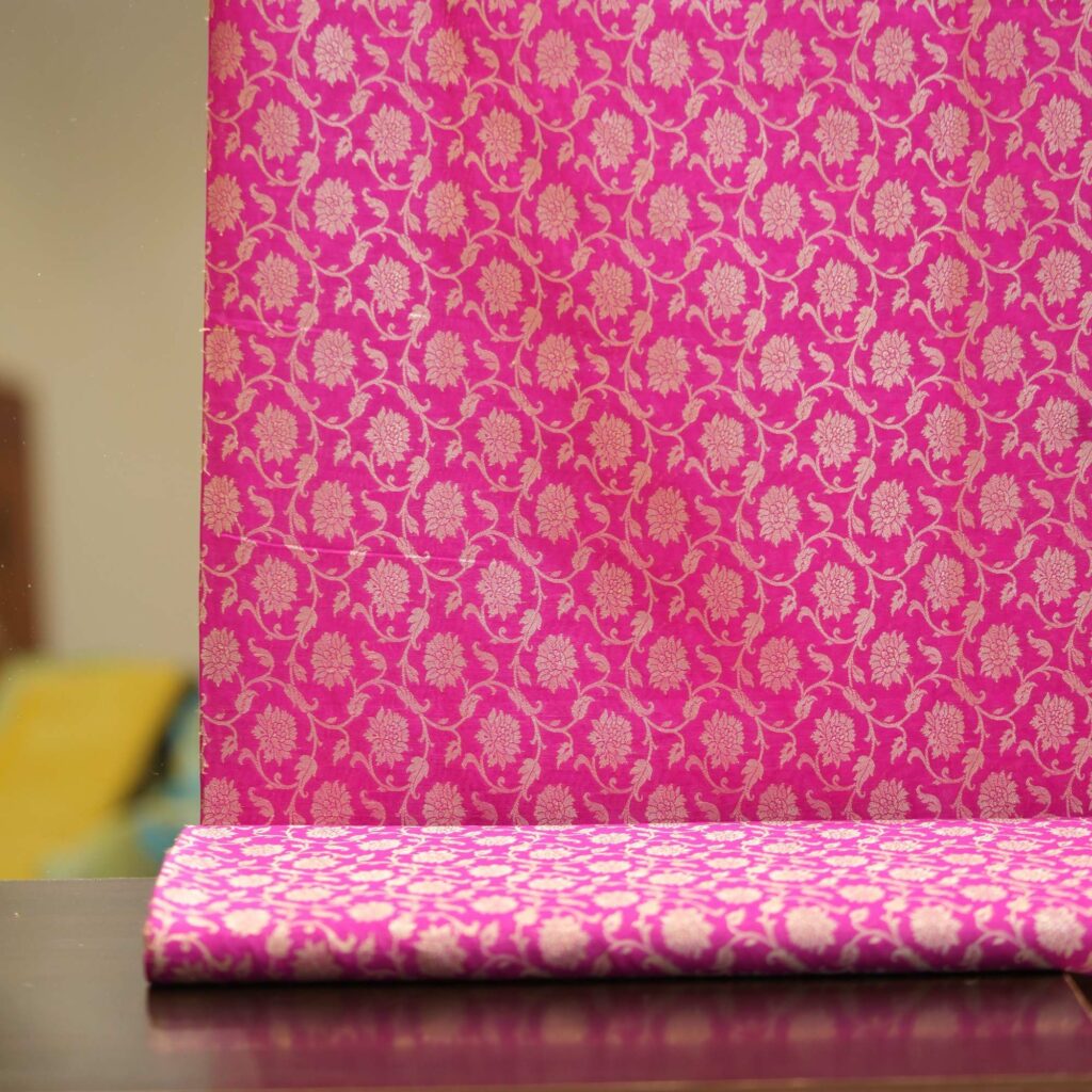 Fuchsia pink Indian silk fabric with gold Zari floral motifs – Gulnaaz collection
