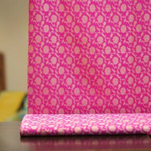 Fuchsia pink Indian silk fabric with gold Zari floral motifs – Gulnaaz collection