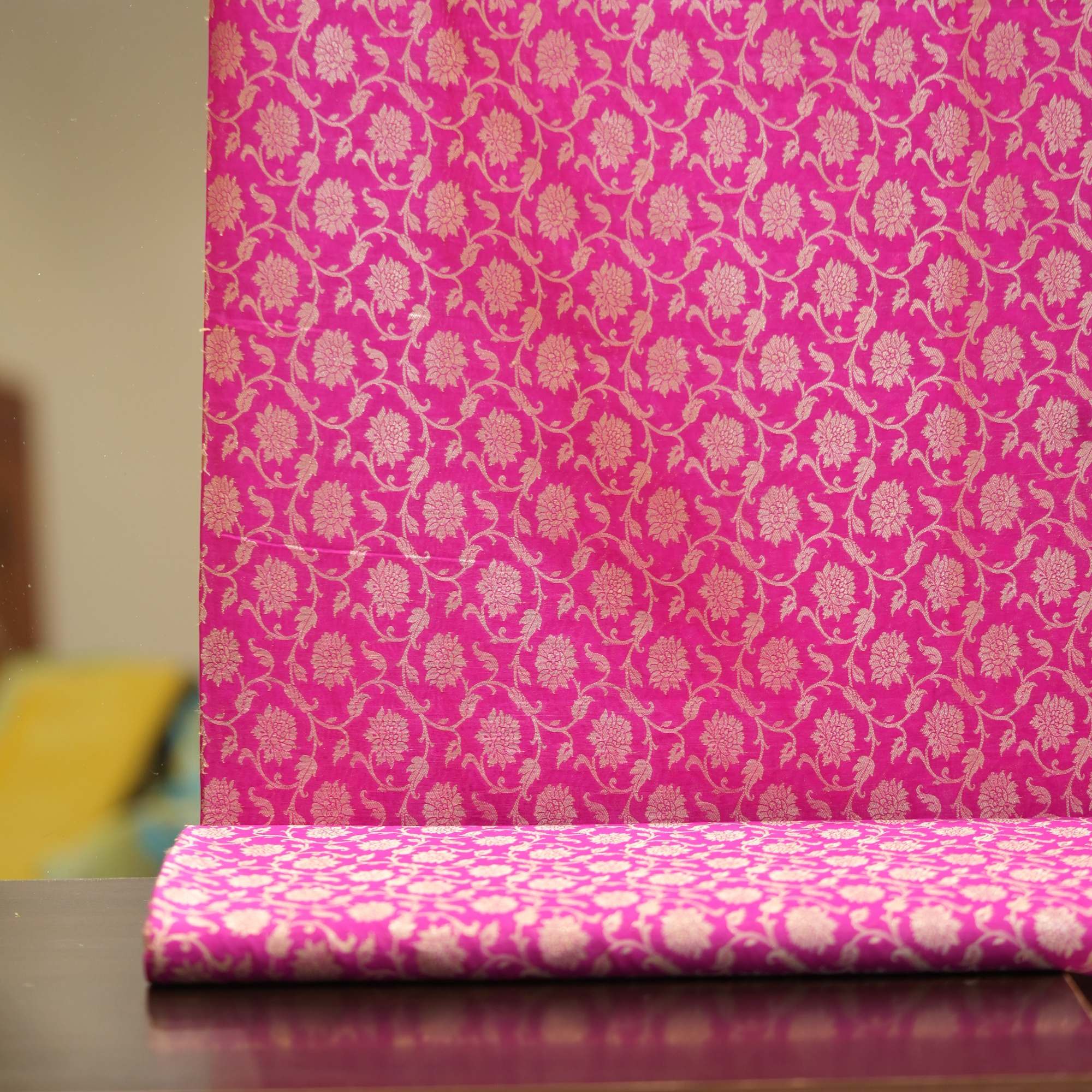 Fuchsia pink Indian silk fabric with gold Zari floral motifs – Gulnaaz collection