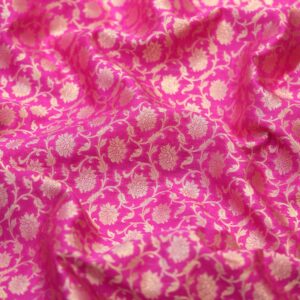 Fuchsia pink Indian silk fabric with gold Zari floral motifs – Gulnaaz collection