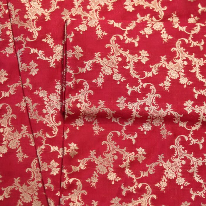 Crimson red Dupion silk with intricate floral light gold zari weaving