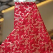Crimson red Dupion silk with intricate floral light gold zari weaving