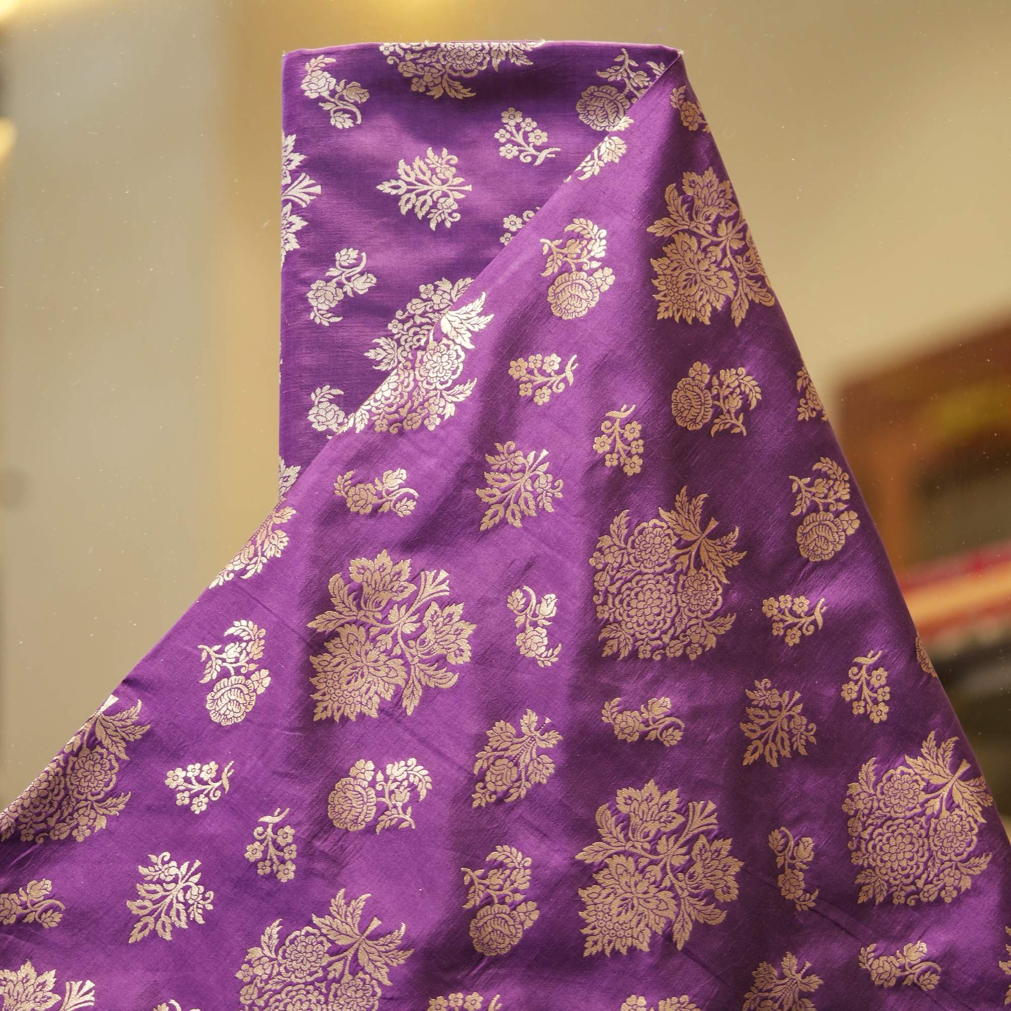 Purple dupion silk fabric with floral antique gold zari weaving