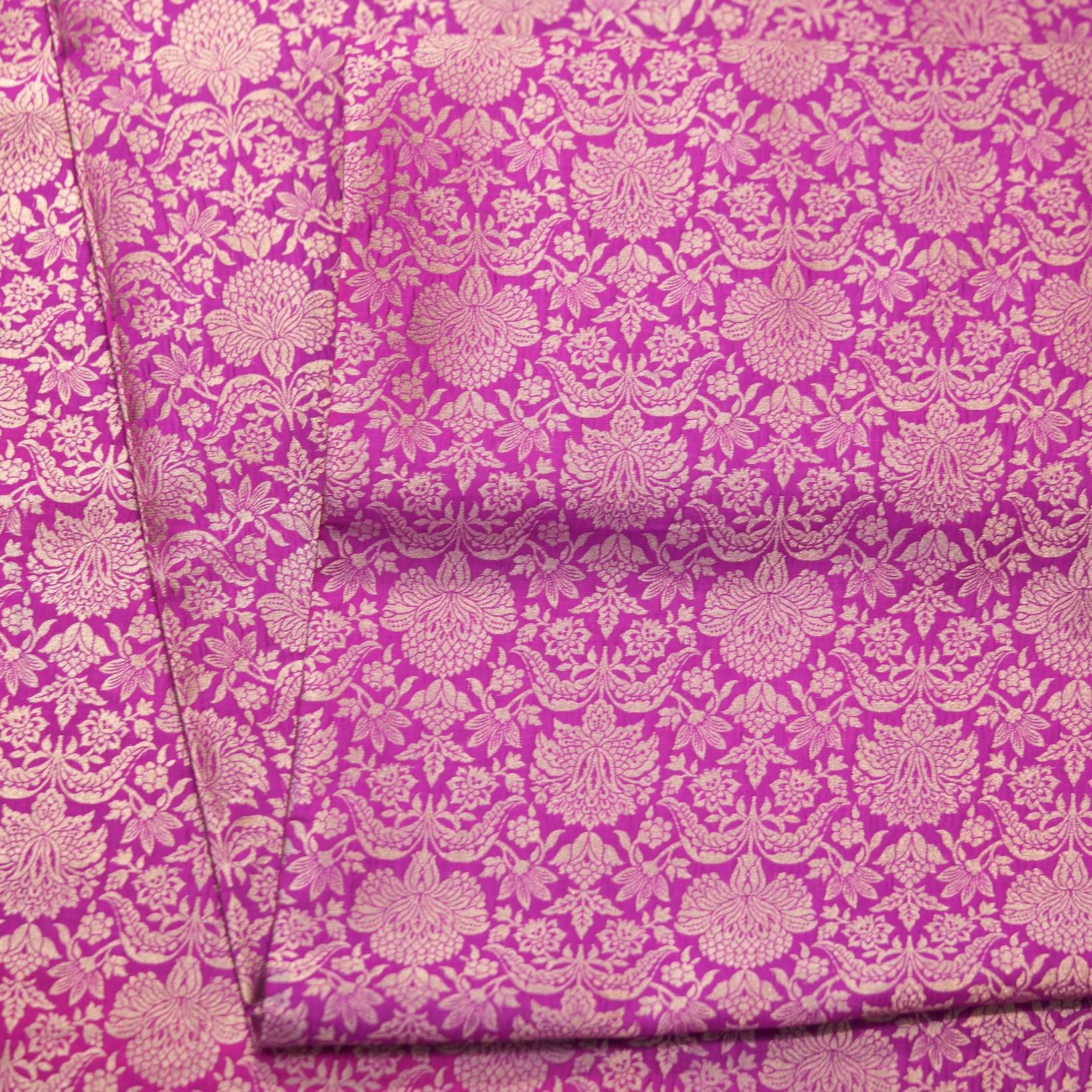 Magenta pink pure Katan silk with intricate light gold floral Zari jaal pattern