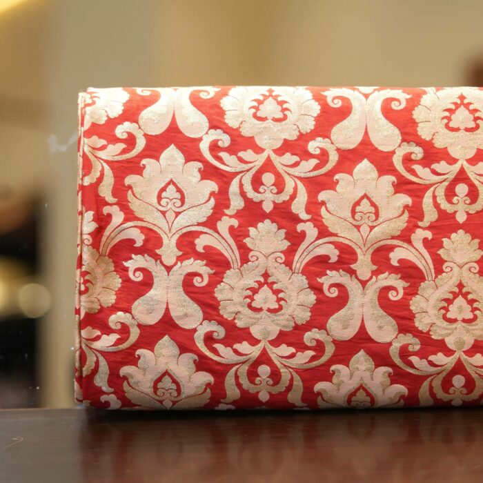 Red Indian silk fabric with light gold Persian-style Zari jaal pattern