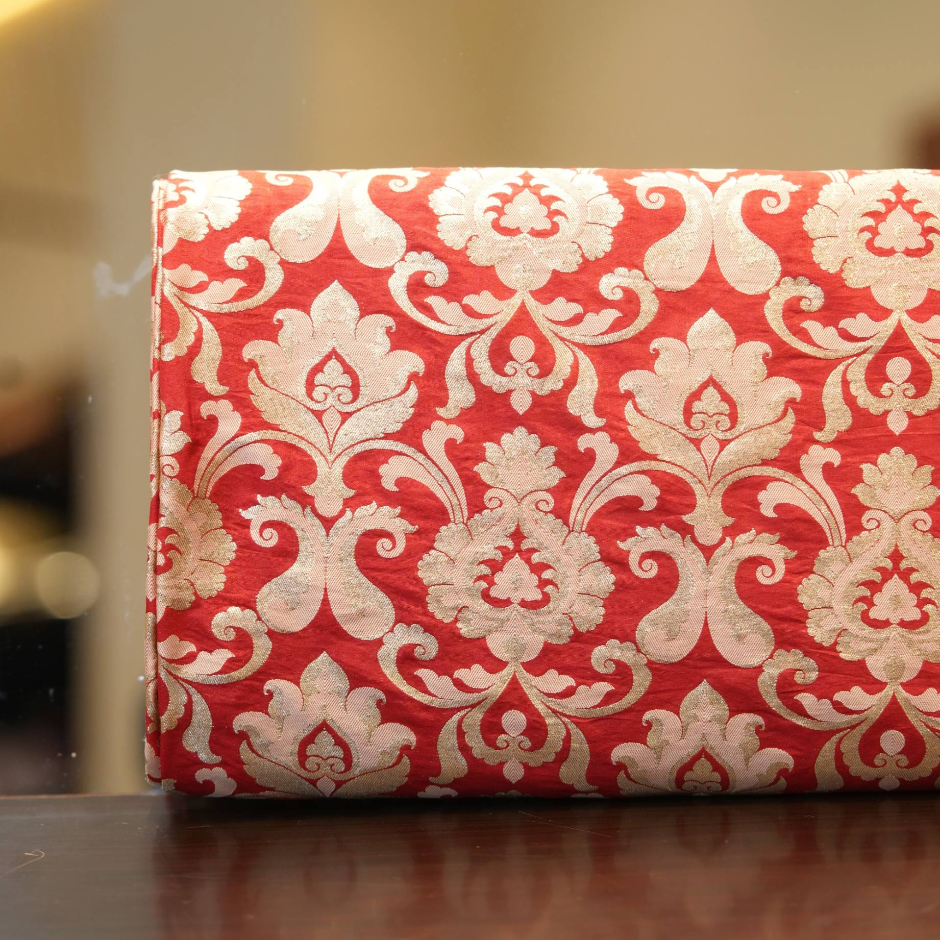 Red Indian silk fabric with light gold Persian-style Zari jaal pattern