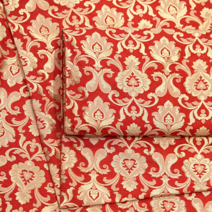 Red Indian silk fabric with light gold Persian-style Zari jaal pattern