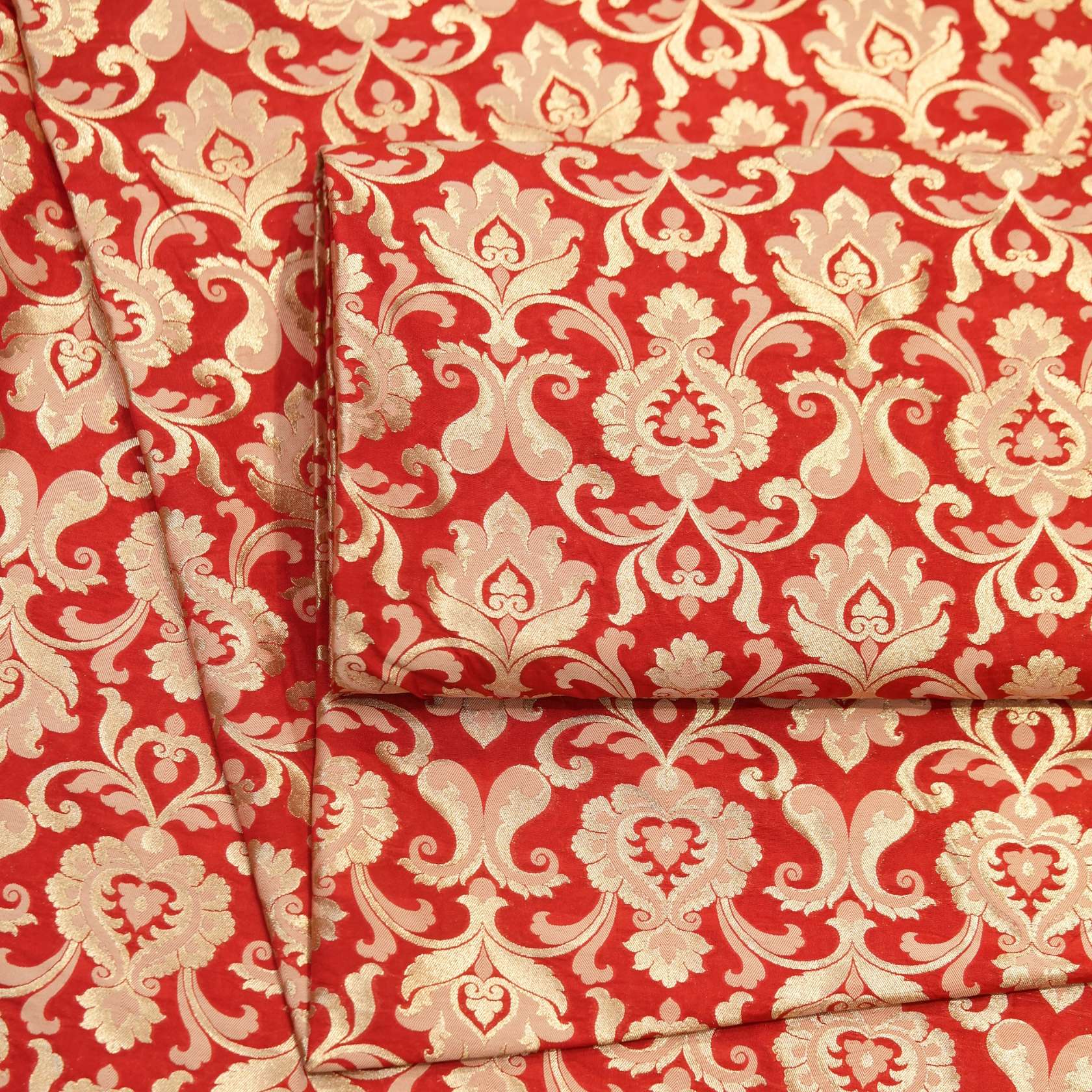 Red Indian silk fabric with light gold Persian-style Zari jaal pattern
