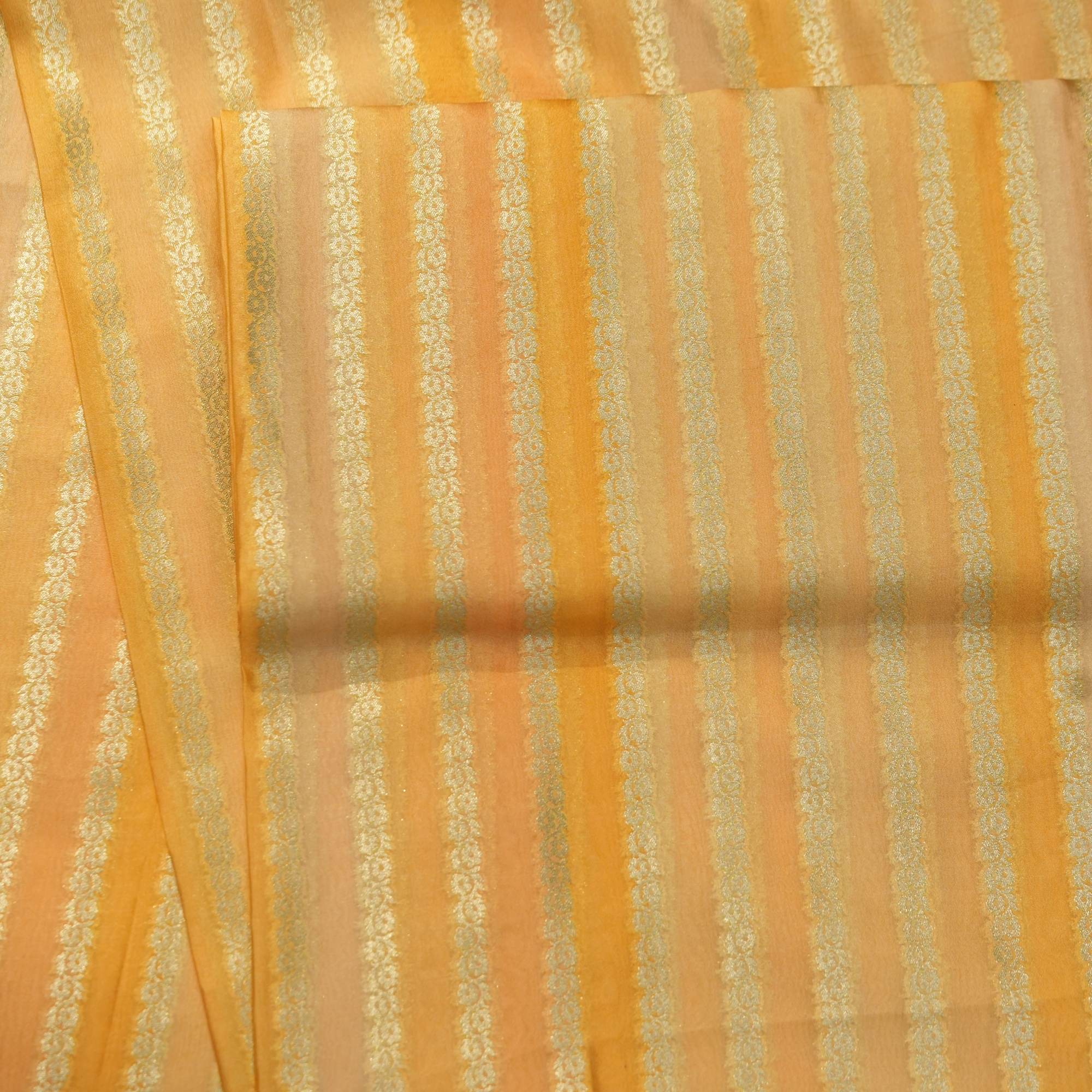Golden-orange Rangkaat silk fabric with fine Zari stripe jaal design