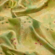 Pure hand-dyed Rangkaat silk fabric in green with golden Zari jaal and colorful Meena floral accents – Gulnaar-e-Rangkaat