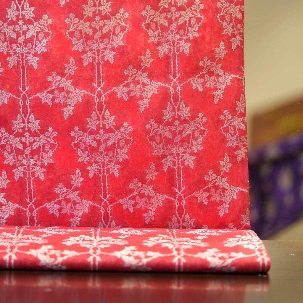 Pure red Dupion silk fabric with silver Zari vine pattern – Laal-e-Falak
