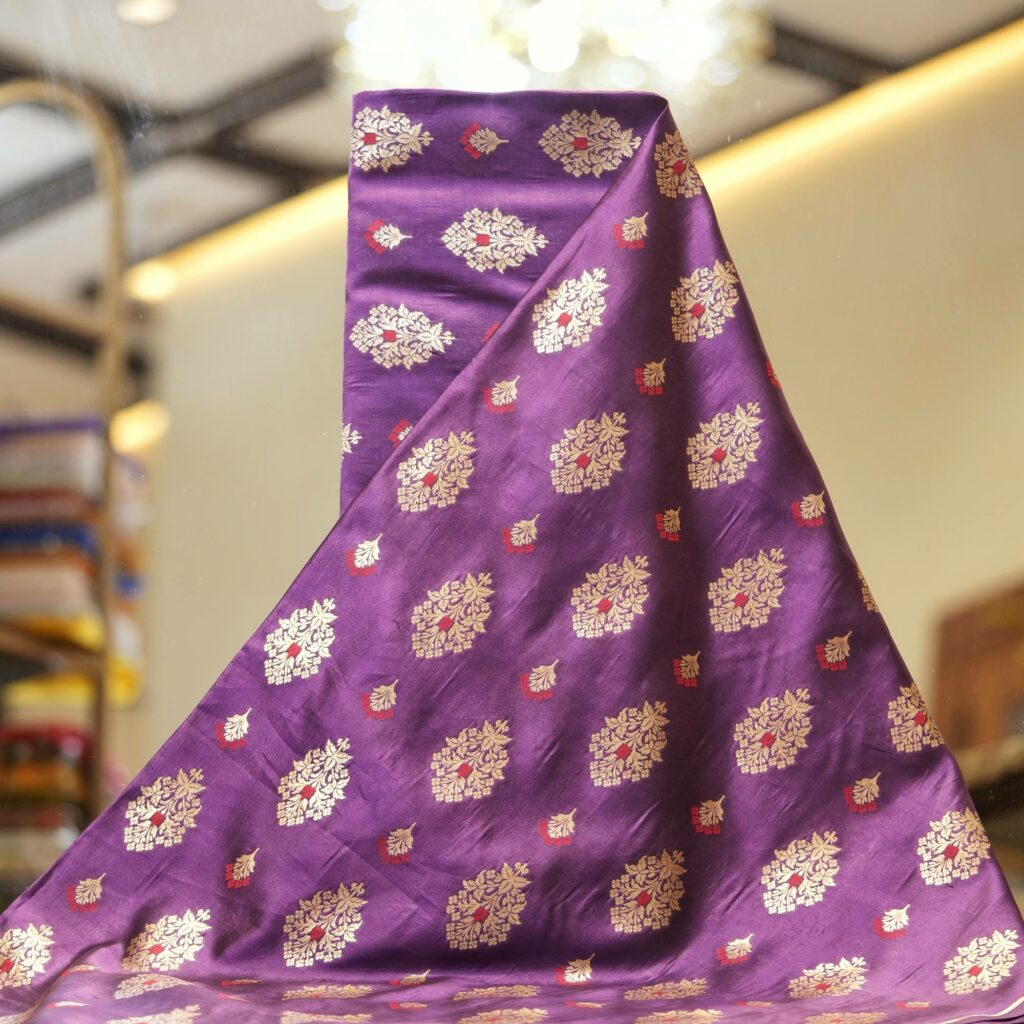 Royal purple Dupion silk with golden Zari and Meena floral motifs – Noor-e-Ferozi