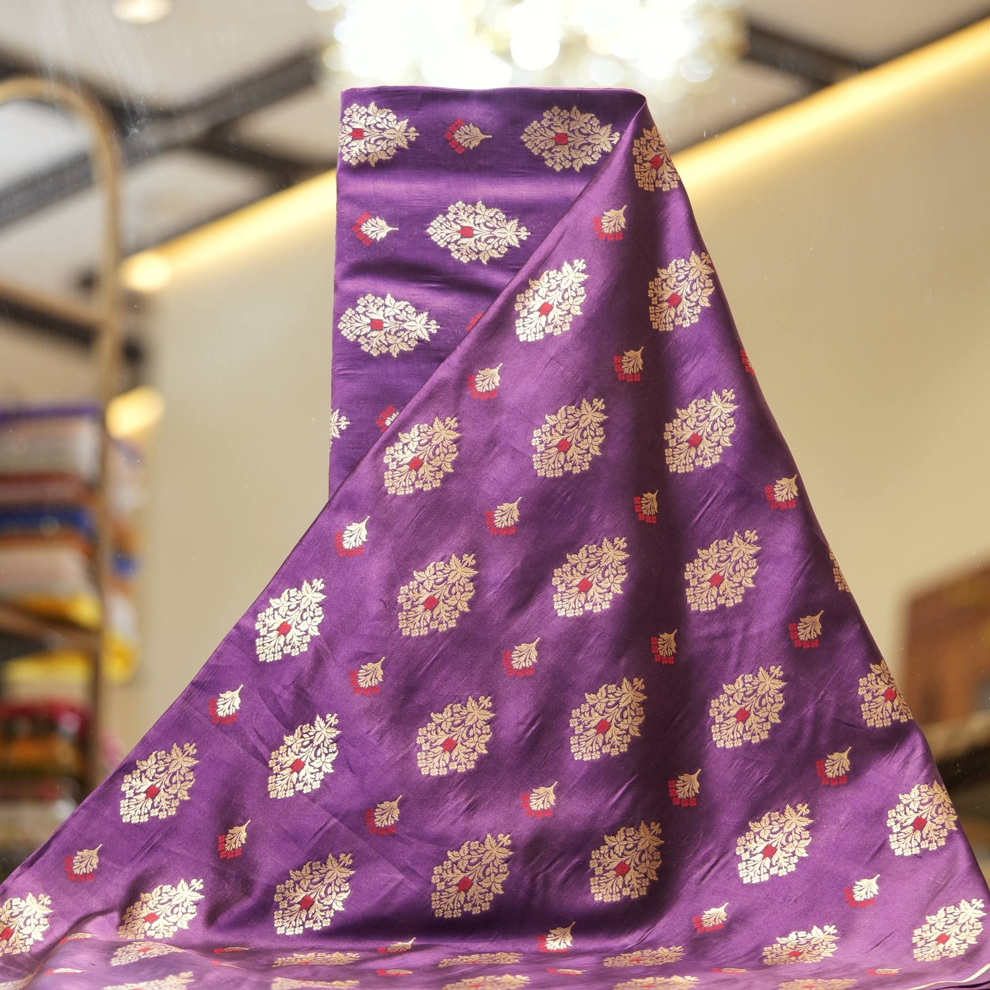 Royal purple Dupion silk with golden Zari and Meena floral motifs – Noor-e-Ferozi