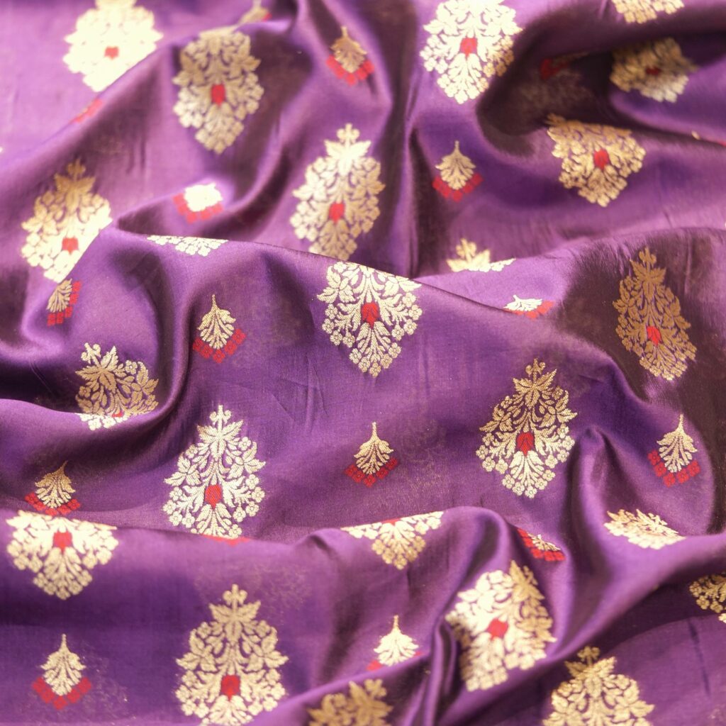Royal purple Dupion silk with golden Zari and Meena floral motifs – Noor-e-Ferozi