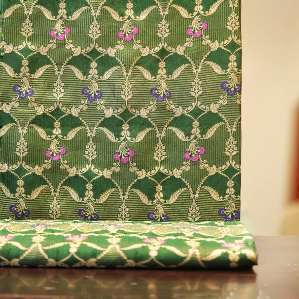 Olive green Dupion silk x tissue jacquard with floral Zari jaal and Meena detailing – Mehr-e-Zaitoon
