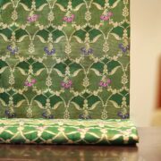 Olive green Dupion silk x tissue jacquard with floral Zari jaal and Meena detailing – Mehr-e-Zaitoon
