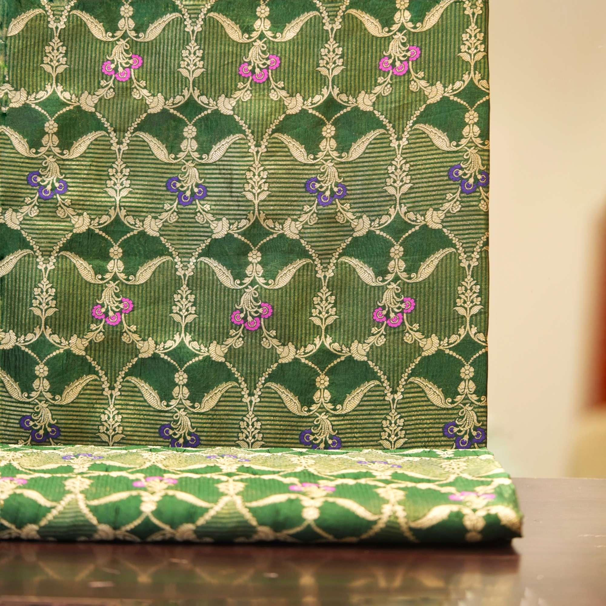 Olive green Dupion silk x tissue jacquard with floral Zari jaal and Meena detailing – Mehr-e-Zaitoon