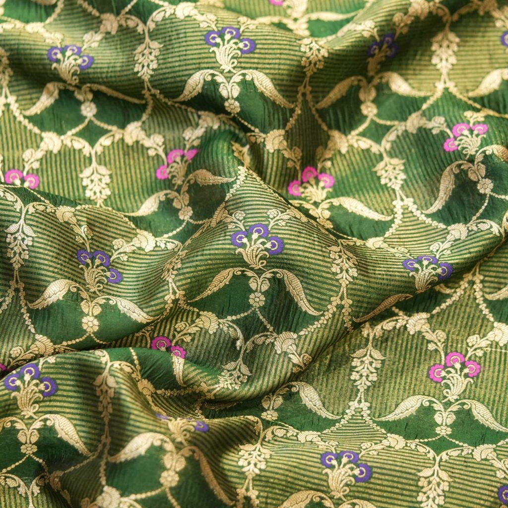 Olive green Dupion silk x tissue jacquard with floral Zari jaal and Meena detailing – Mehr-e-Zaitoon