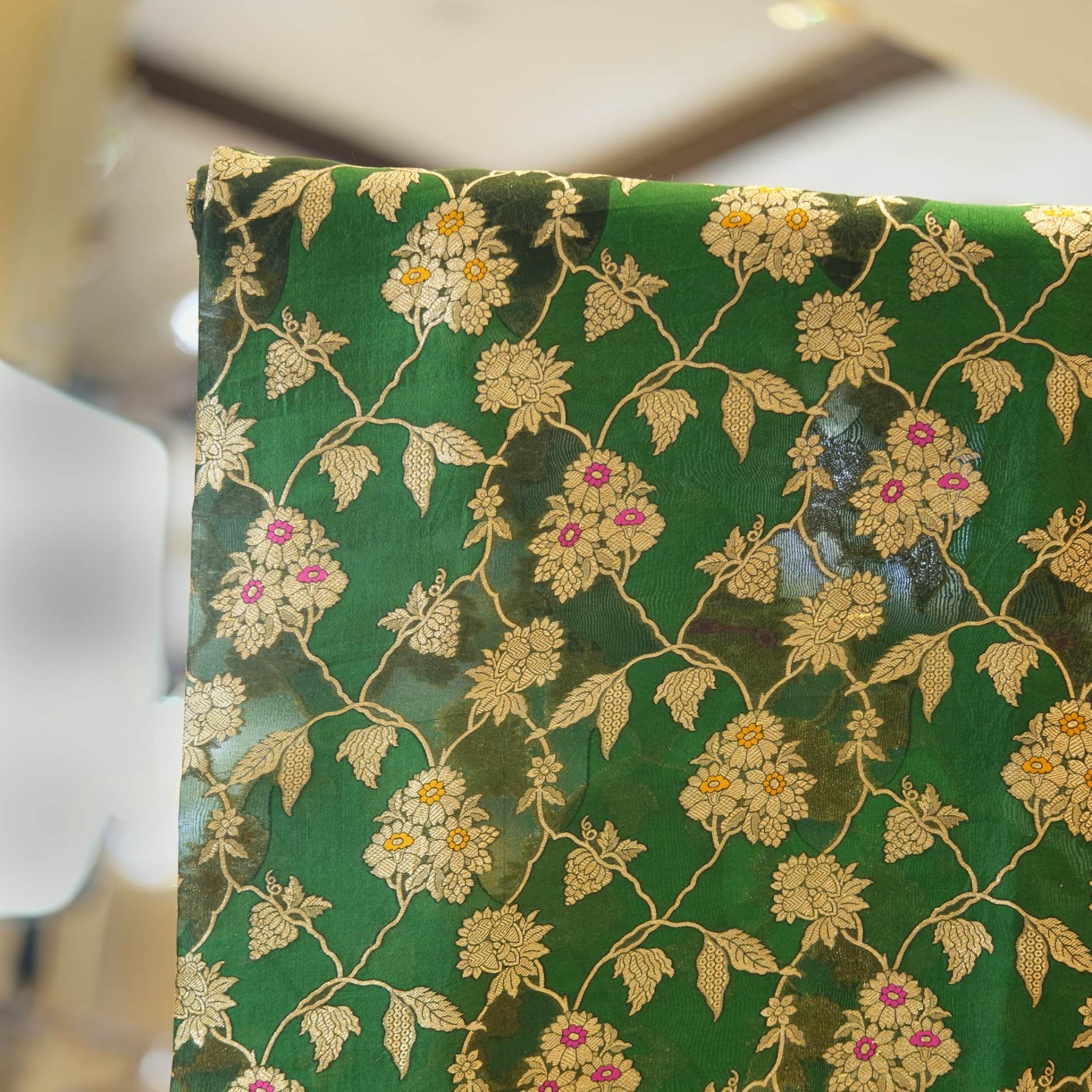 Green Dupion silk x tissue jacquard fabric with golden Zari floral jaal and Meena embroidery – Gul-e-Badri
