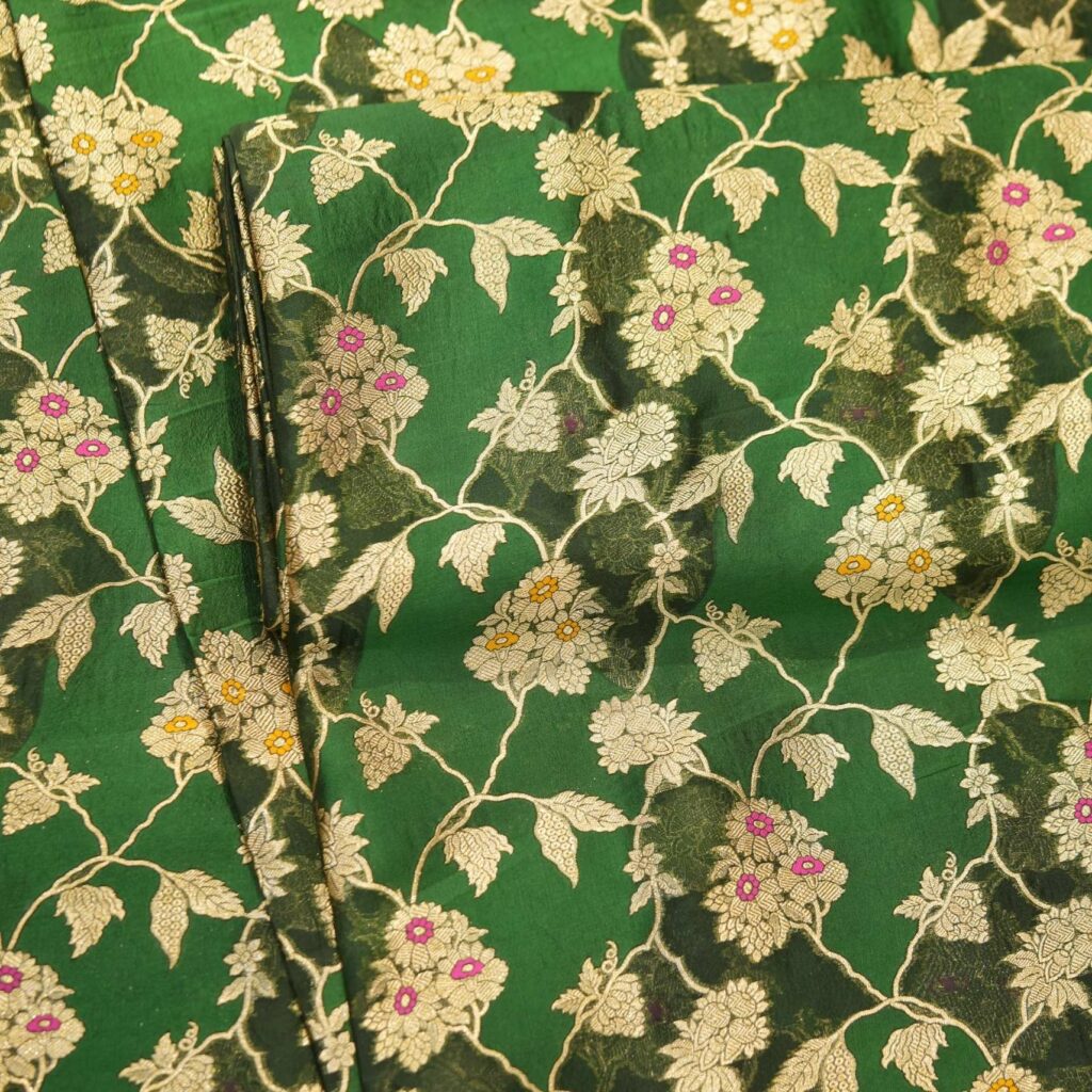 Green Dupion silk x tissue jacquard fabric with golden Zari floral jaal and Meena embroidery – Gul-e-Badri